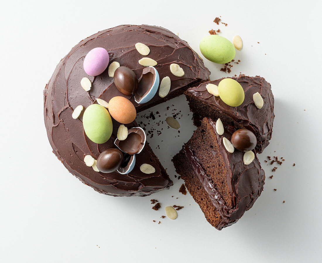 Chocolate cake with colourful Easter eggs