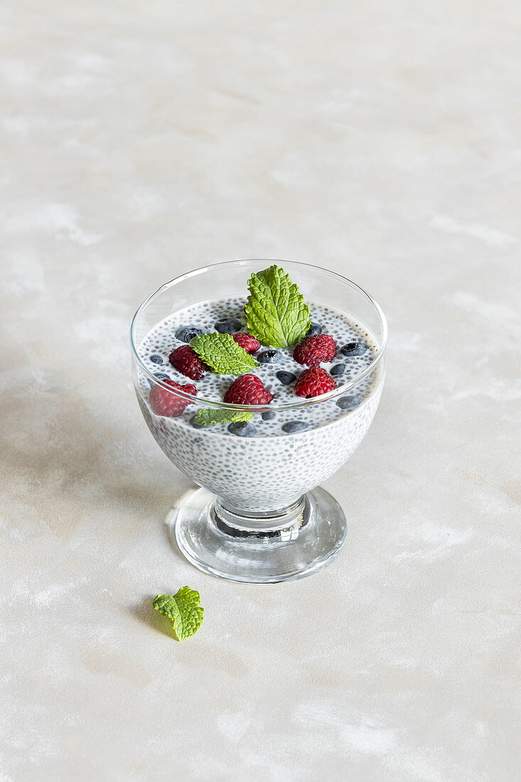 Lactose free chia seed pudding with berries