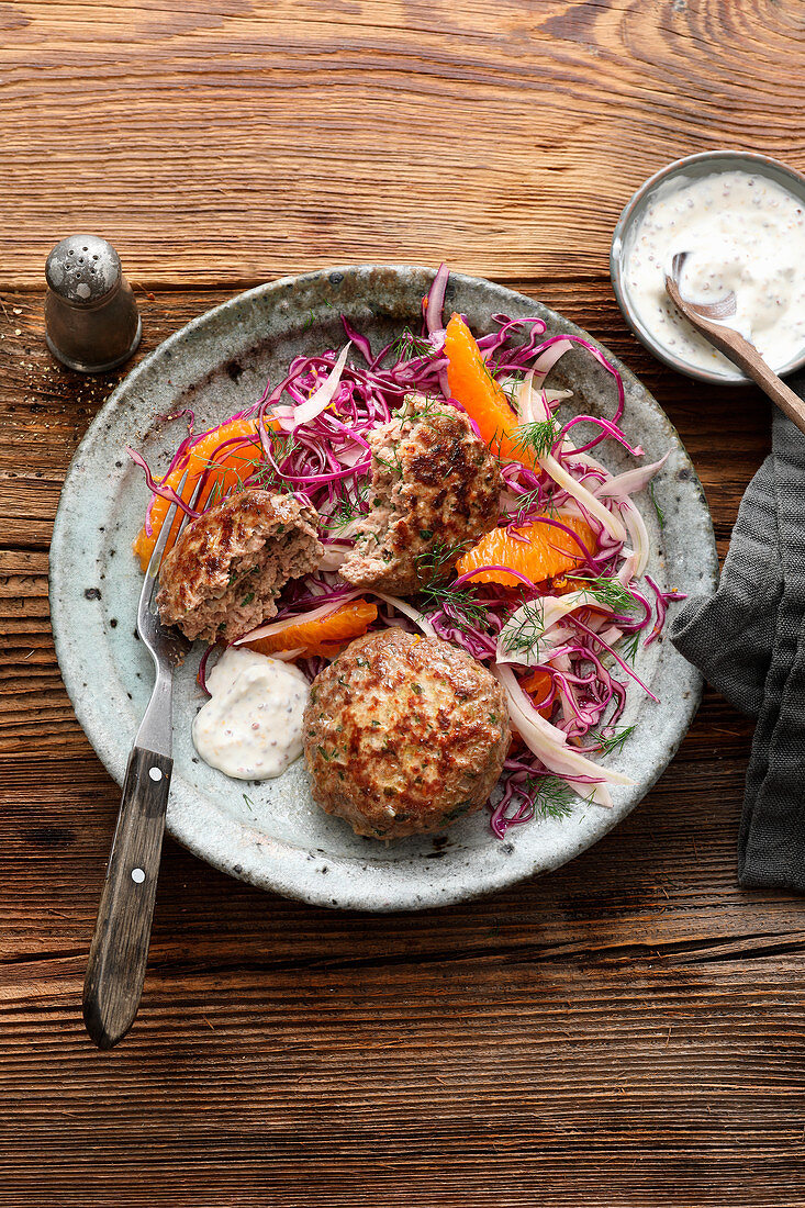 Game meatballs with red cabbage salad