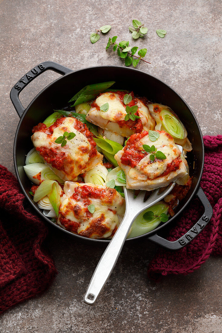 Pollack 'Caprese' with gratinated with mozzarella and tomatoes