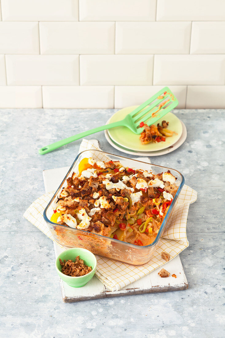 Hungarian pepper bake with sauerkraut and croutons