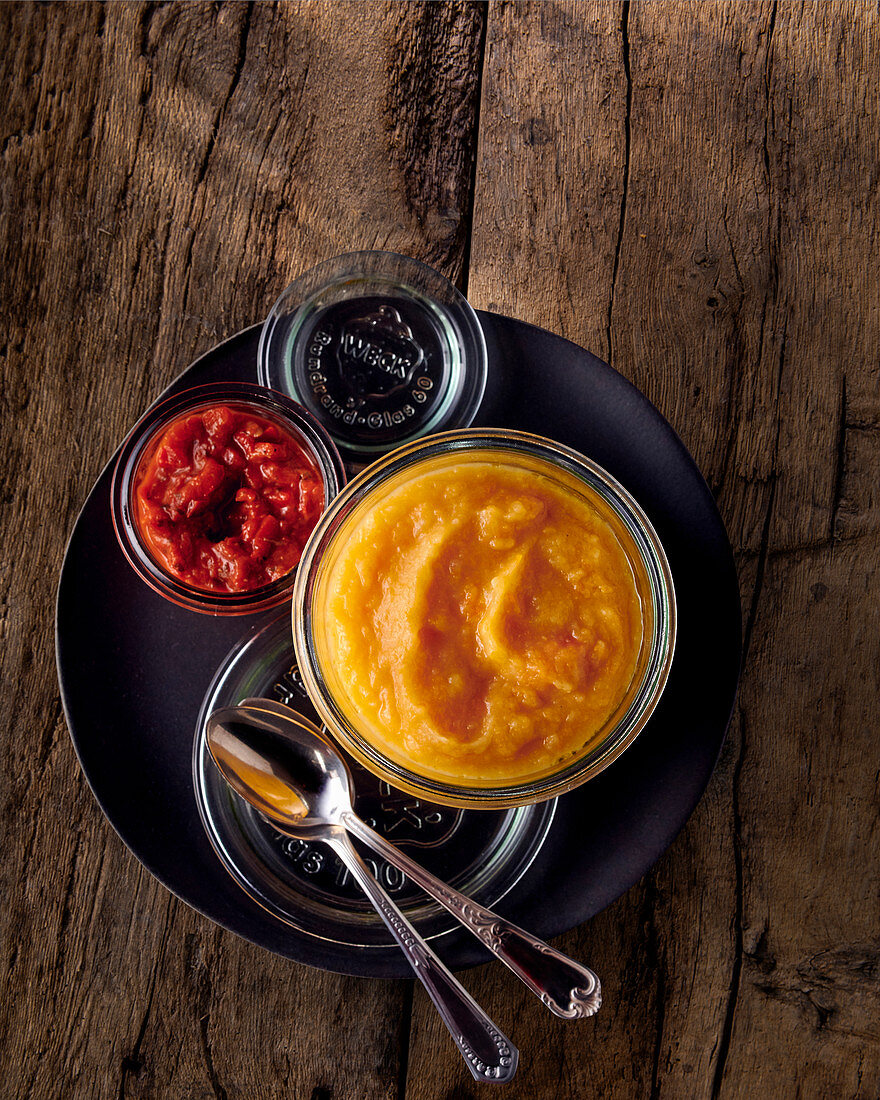 Parsnip and carrot puree with bell pepper and tomato compote