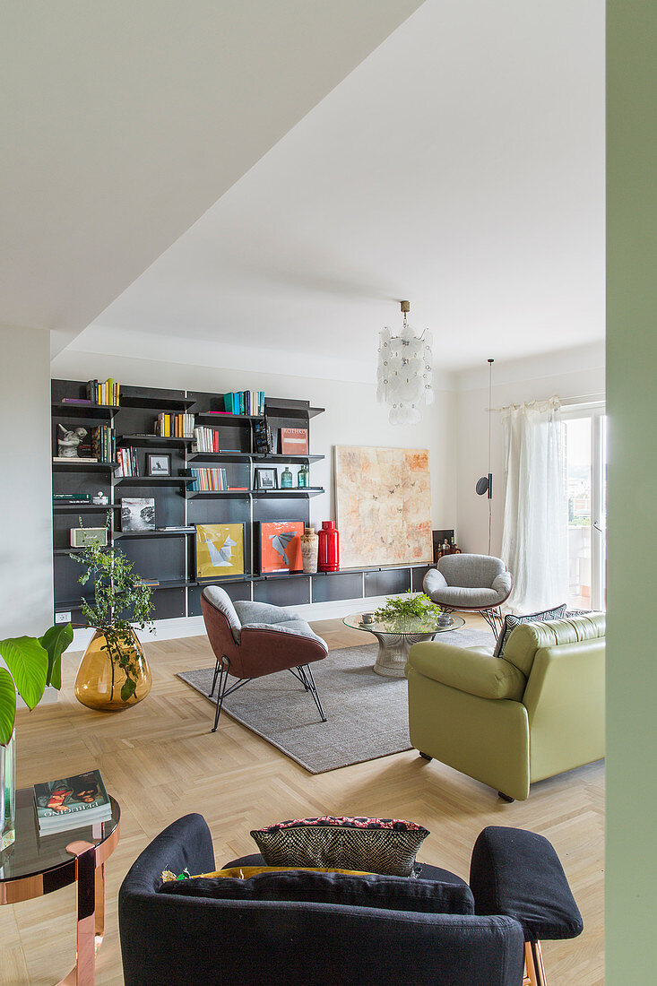 Black shelving in classic living room