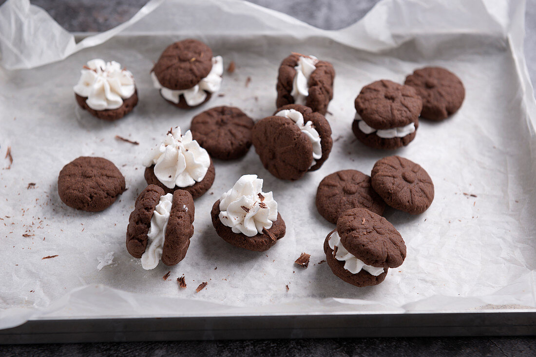 Vegan chocolate biscuits with a vanilla cream filling