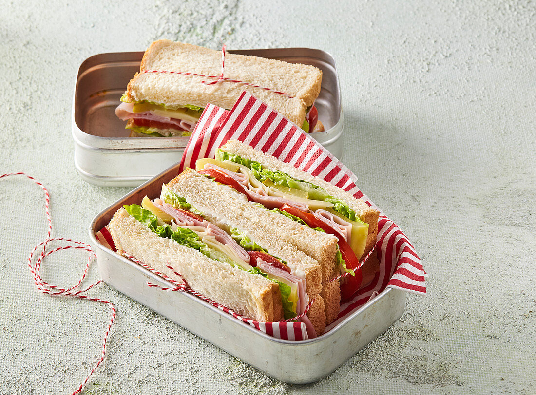 Sandwich mit Schinken und Käse in Brotzeitbox