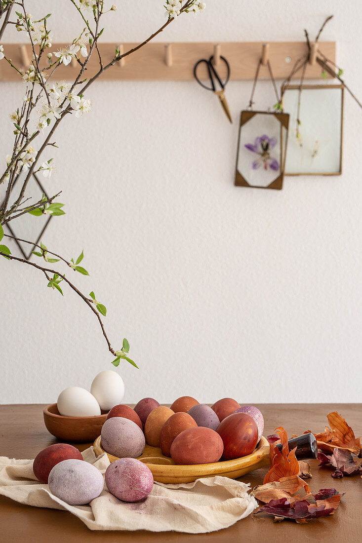 Easter eggs dyed using onion skins and flowers