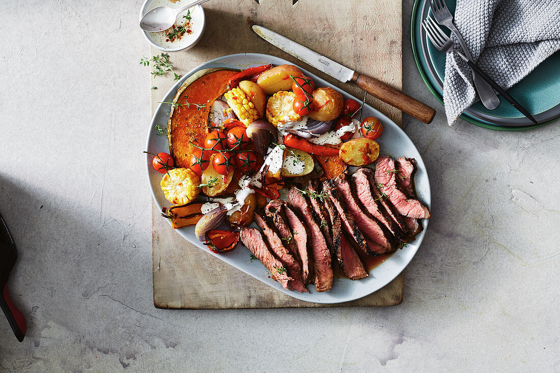 Spicy jerk beef with chilli and thyme roast vegetables