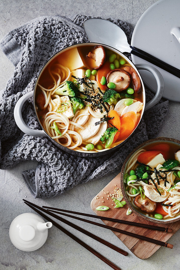 Chicken and udon noodle red miso broth
