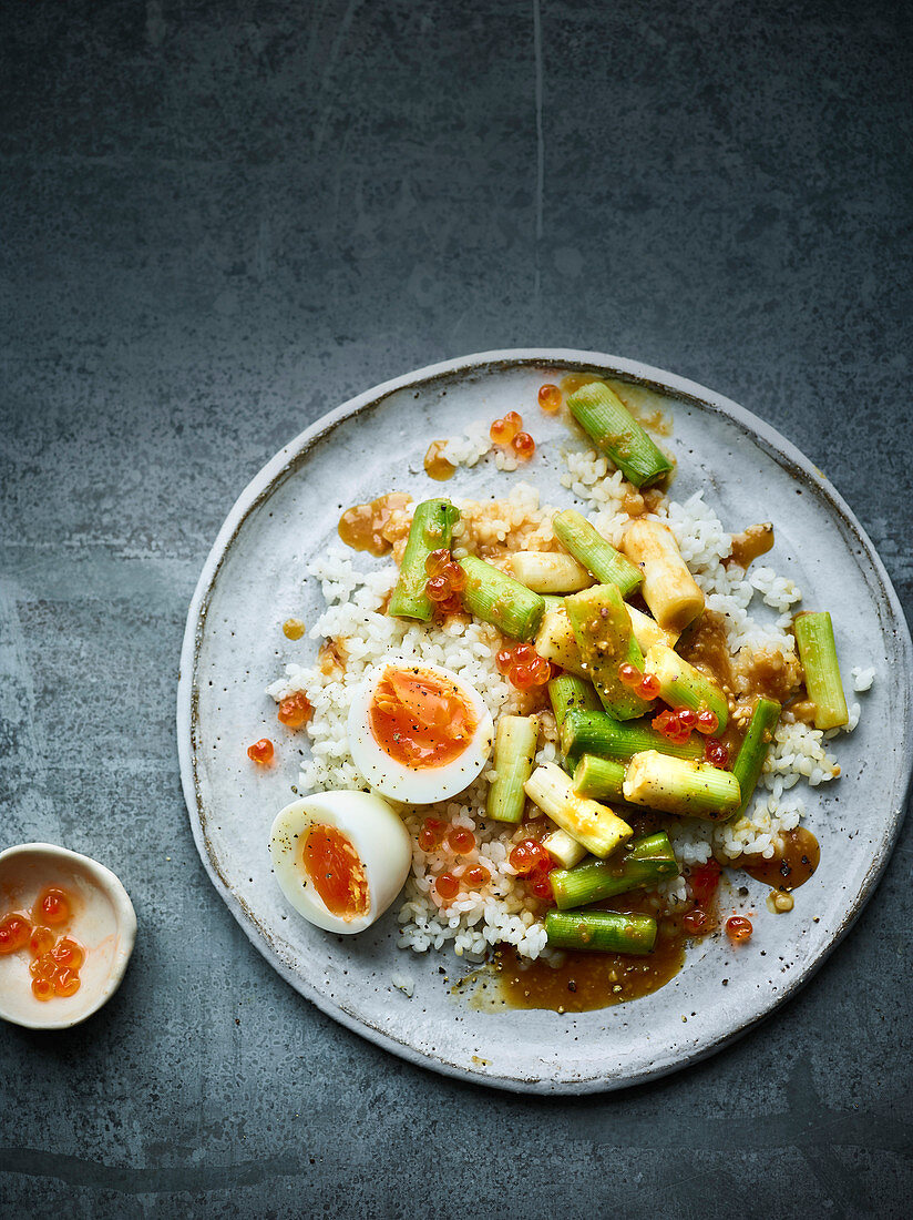 Leeks with miso dressing, eggs and feta