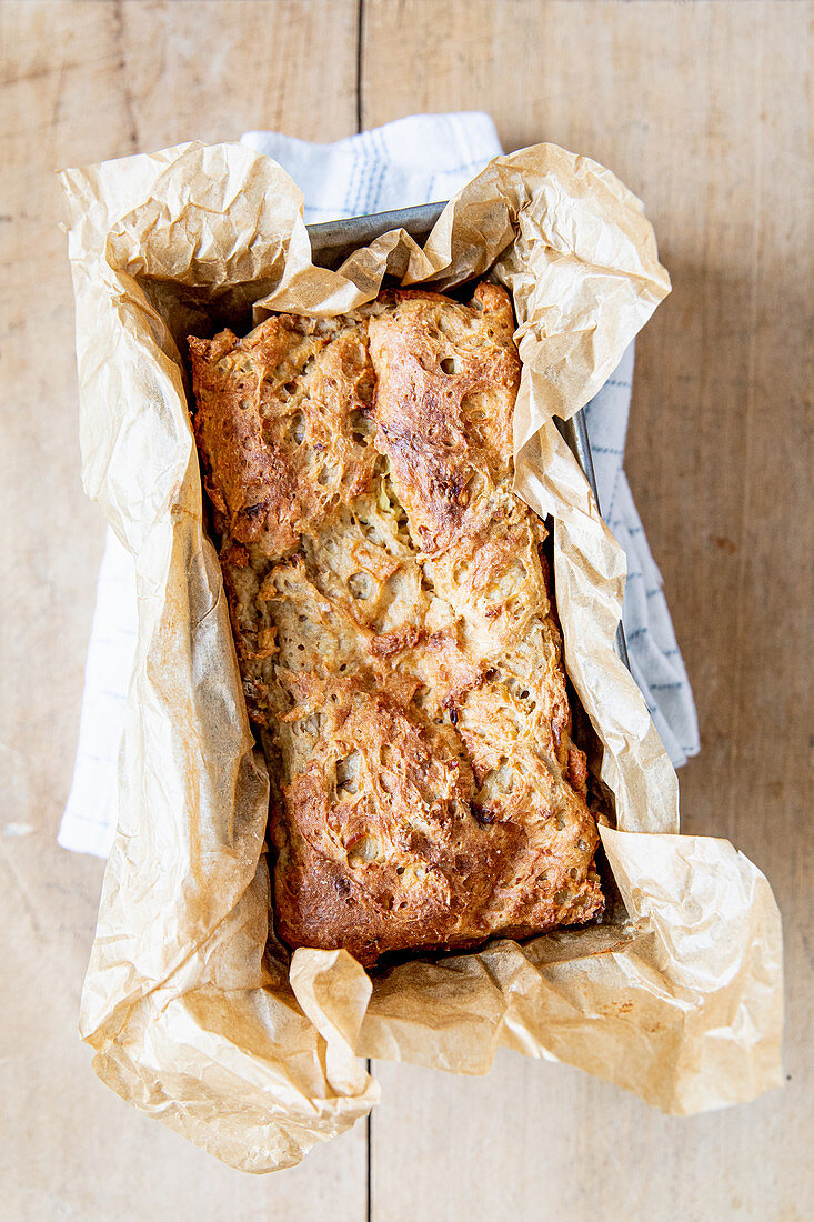 Onion bread in a baking tin