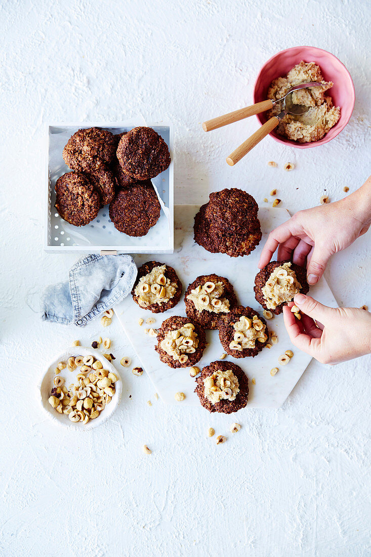 Vegan cacao hazelnut cookies with cookie dough topping