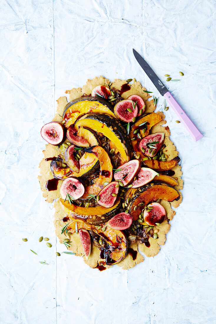 Vegan roast pumpkin, leek and fig Tart