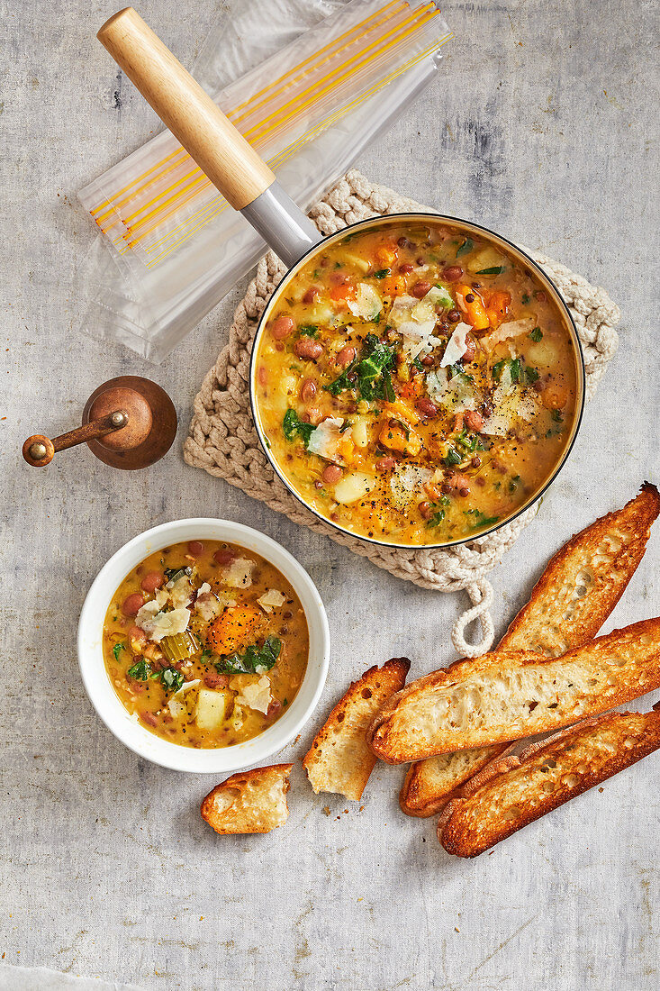 Hearty lentil, bacon and vegetable soup