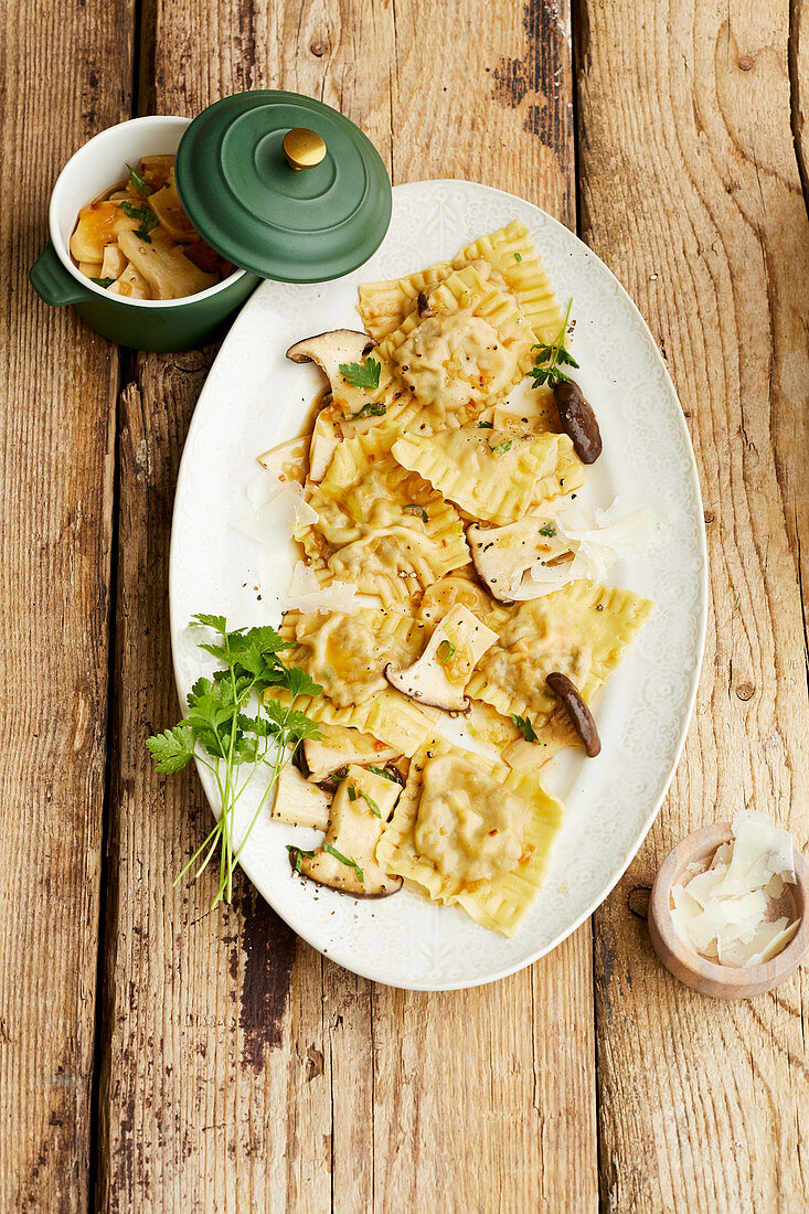 Venison ravioli with king trumpet mushrooms