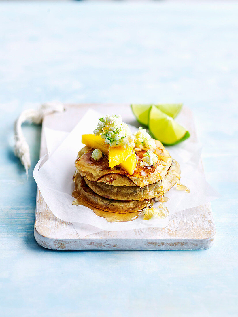 Pancakes with mango, ricotta and lime