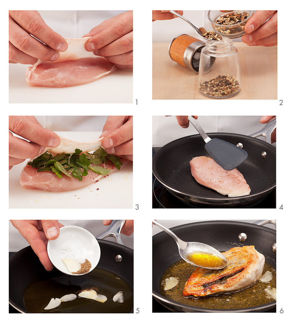 Frying a herb stuffed chicken breast in a pan