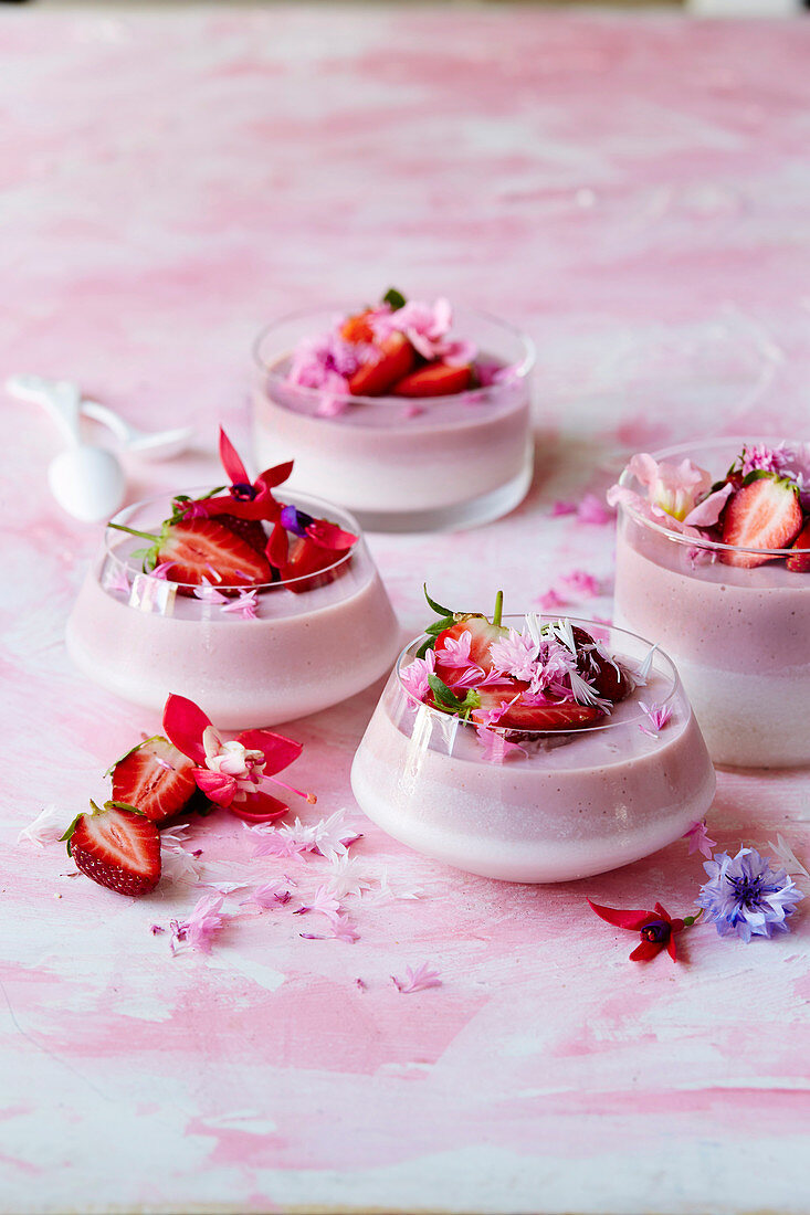 Vegan coconut and strawberry panna cotta