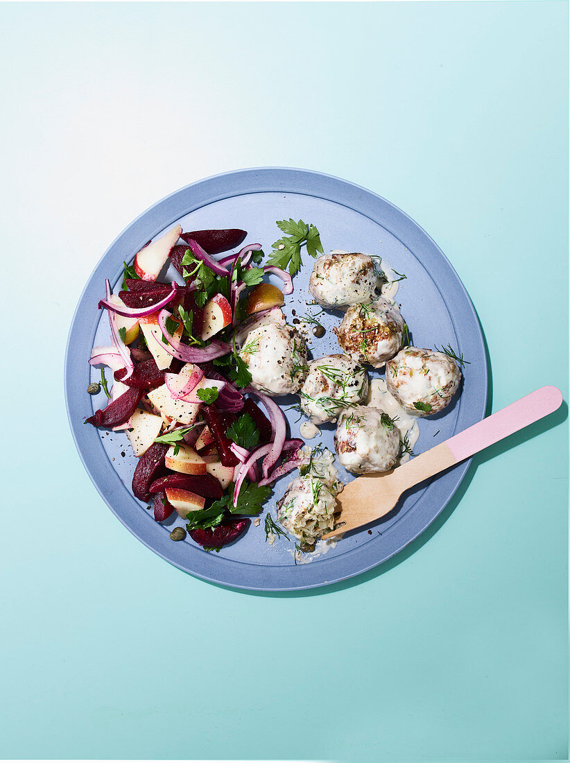 Swedish meatballs with beetroot and apple salad