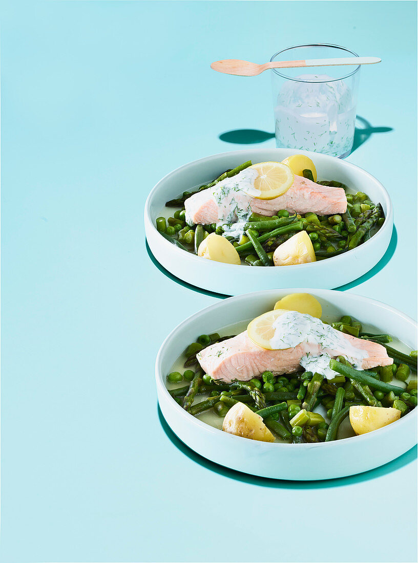 Steamed trout with mint and dill dressing