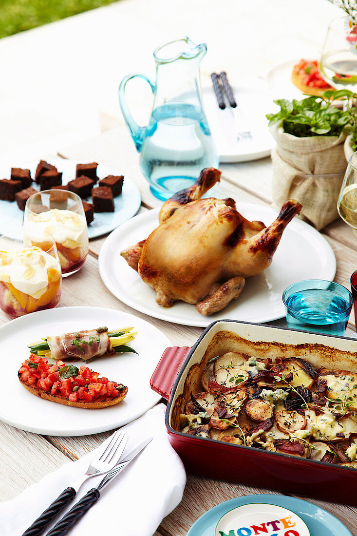 Summer menu with roasted beer-can chicken