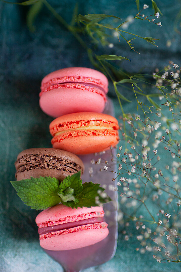 Verschiedenfarbige Macarons auf Tortenheber