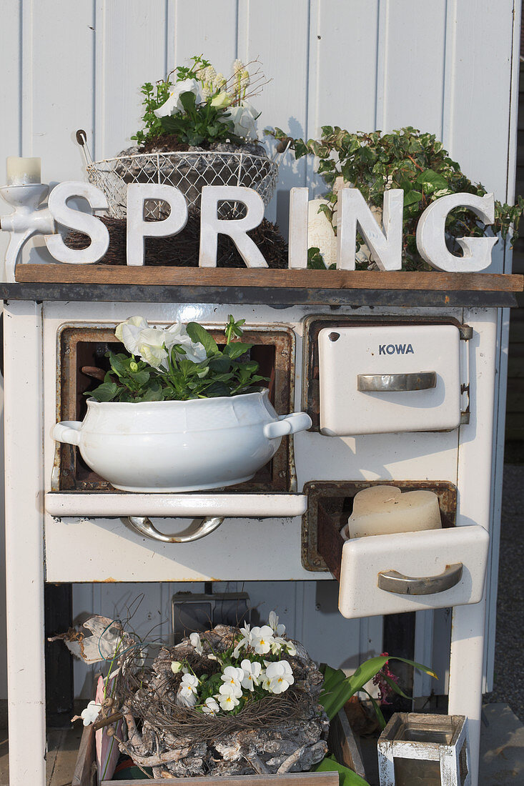 Spring arrangements in an old kitchen range
