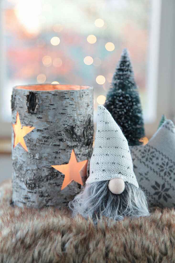 Birch bark tealight holder and gnome with knitted cap