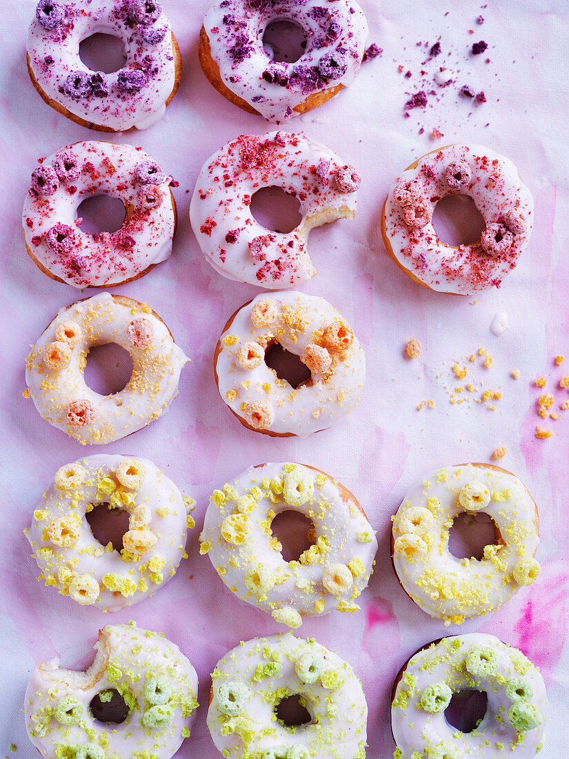 Cereal milk-glazed doughnuts with cereal topping
