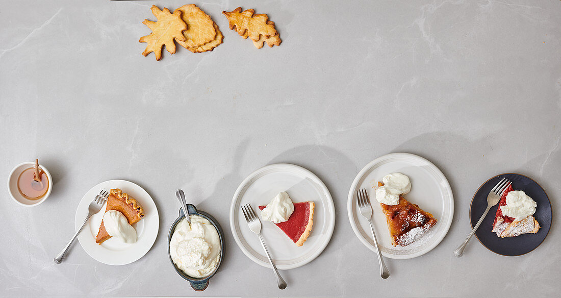 Pumpkin Pie, Cranberrypie, Tarte Tatin und Rhabarbergalette in Stücken auf Tellern