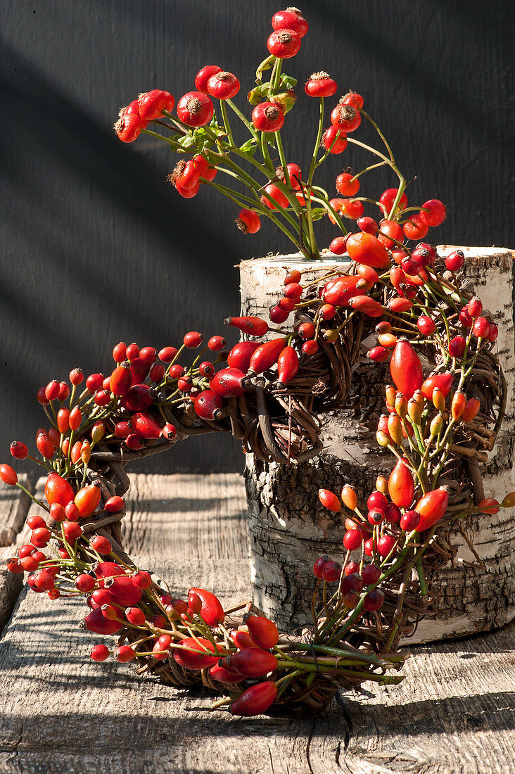 Heart wreath made of branches and rosehips leaning against a birch trunk