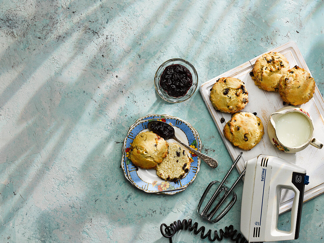 Fruit scones with blackberry apple jam and coconut cream