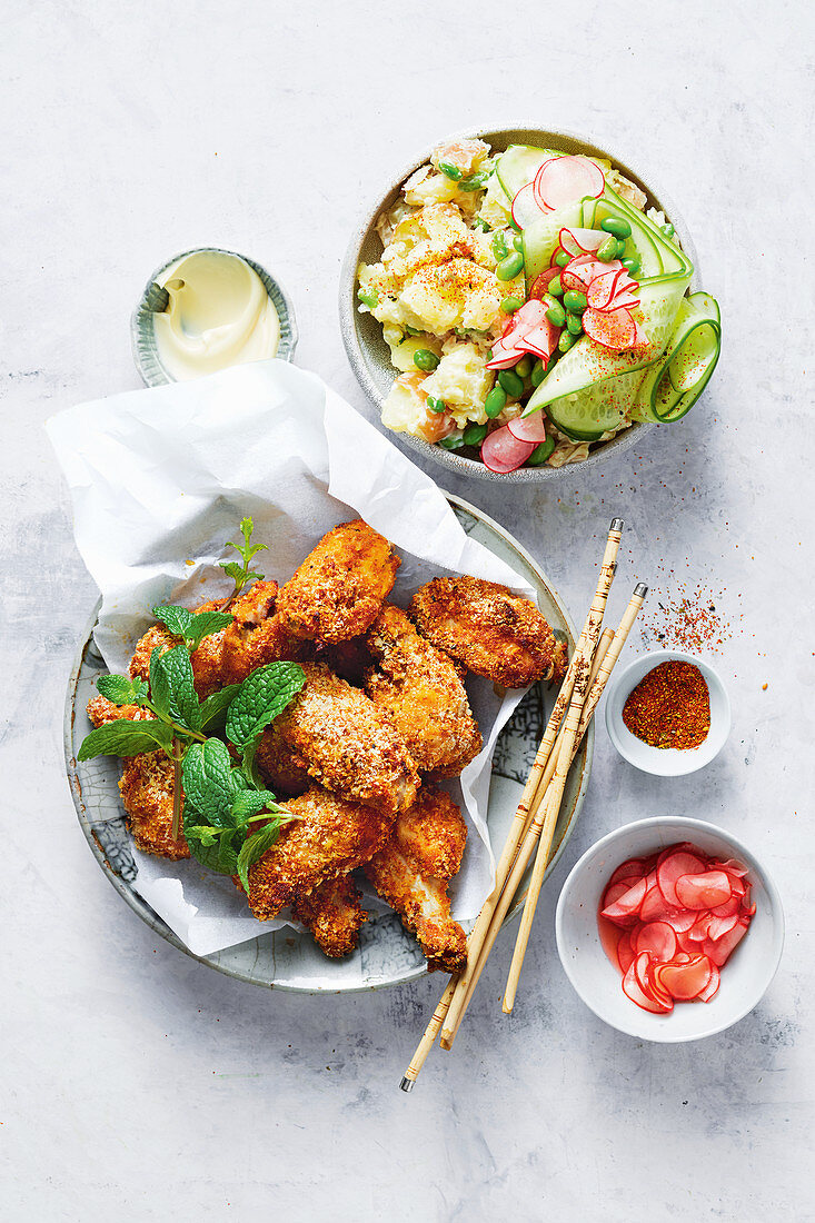 Spicy miso chicken wings with Japanese potato salad