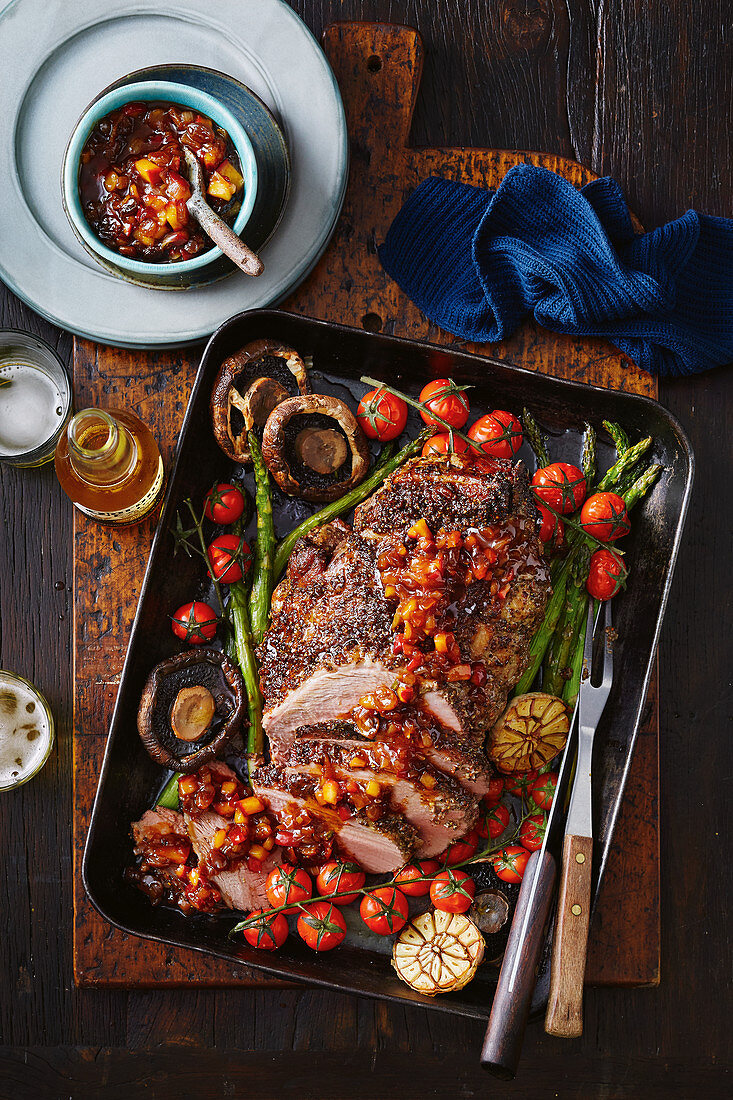 Pepper-crusted roast beef with smoky barbecue relish