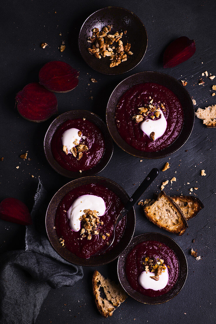 Beetroot soup with yoghurt and nuts