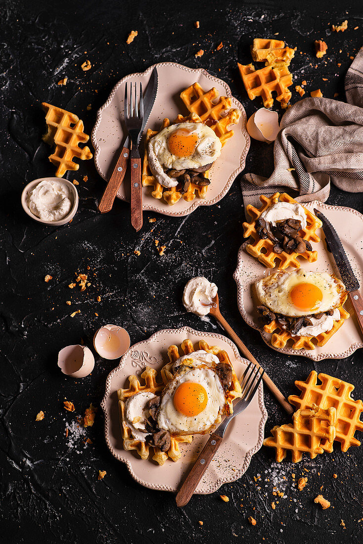 Waffles with ricotta mushrooms and fried egg