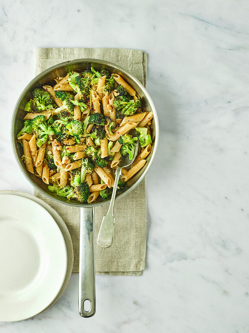 Charred broccoli, lemon and walnut pasta