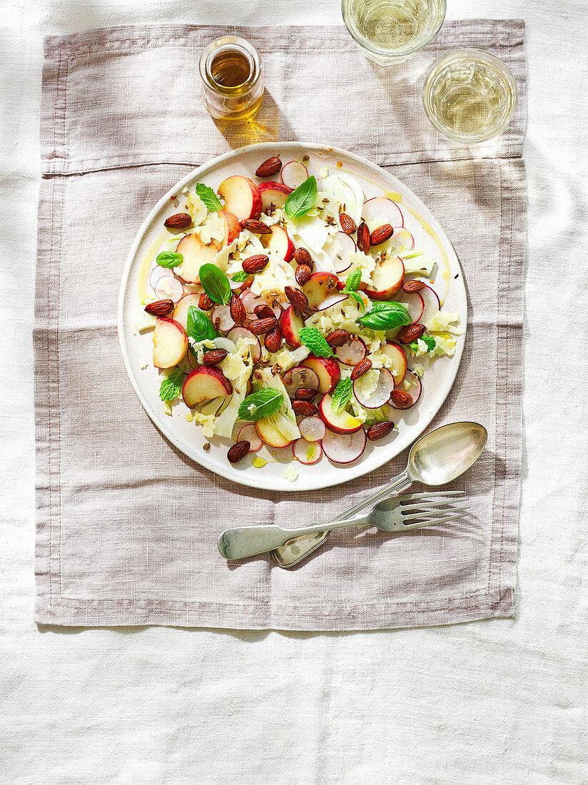 Shave fennel and radish salad with pickled peaches