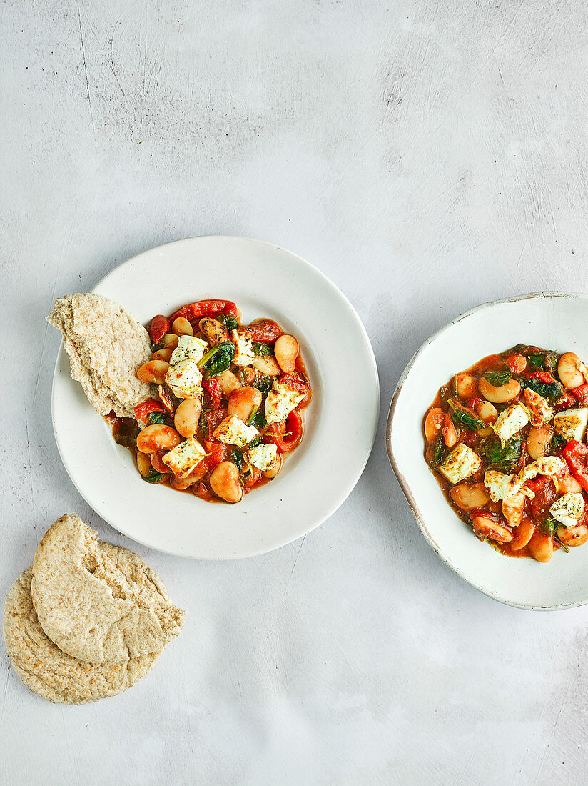 Crispy grilled feta with saucy butter beans