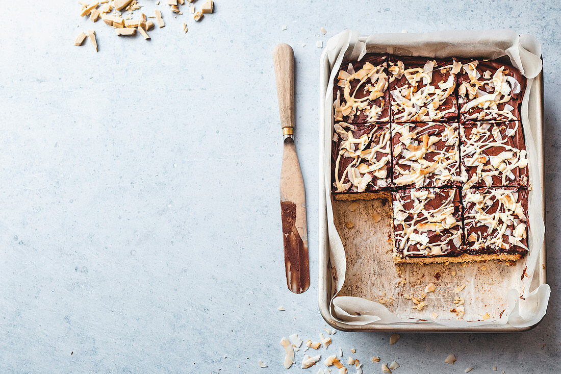 Double choc and coconut traybake