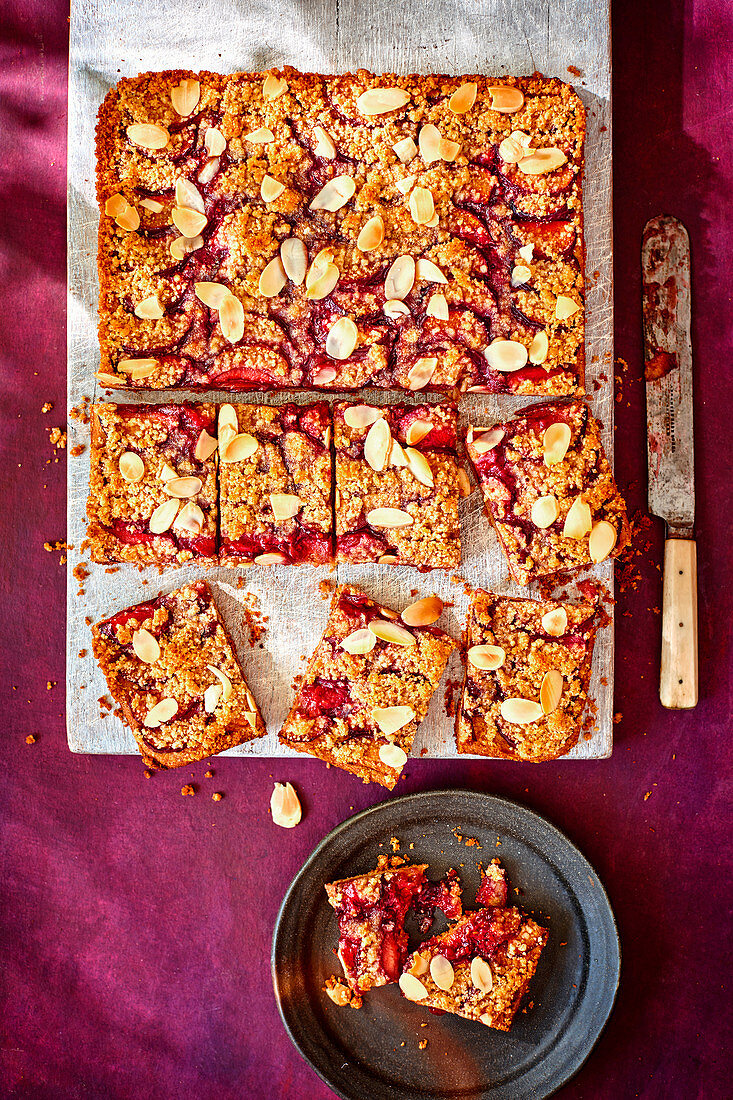 Plum, raspberry jam and cardamom crumble squares