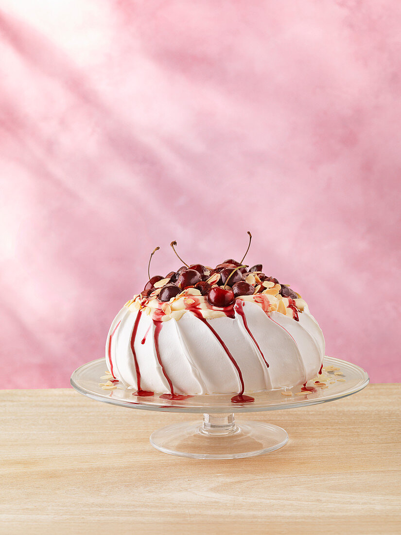 Cherry, almond and vanilla custard pavlova