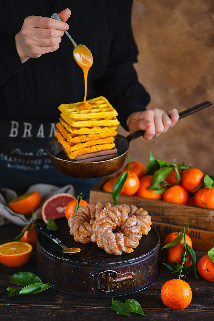 Ombre waffles with mandarin glaze and Viennese donuts