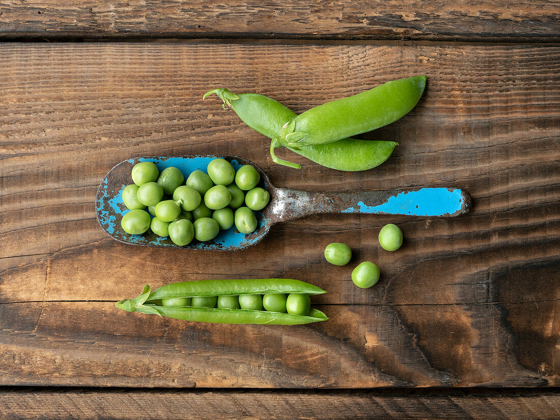 Fresh peas: whole pods, opened pods, peeled peas