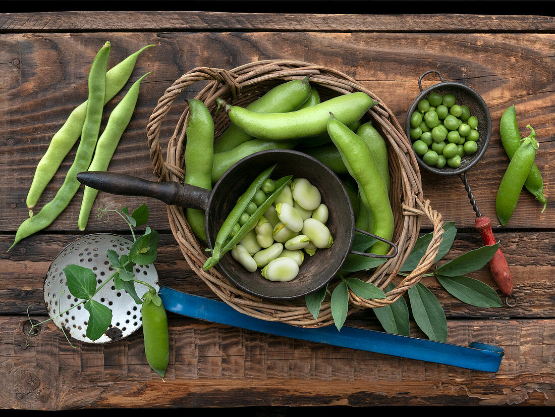Still life with fresh beans and peas