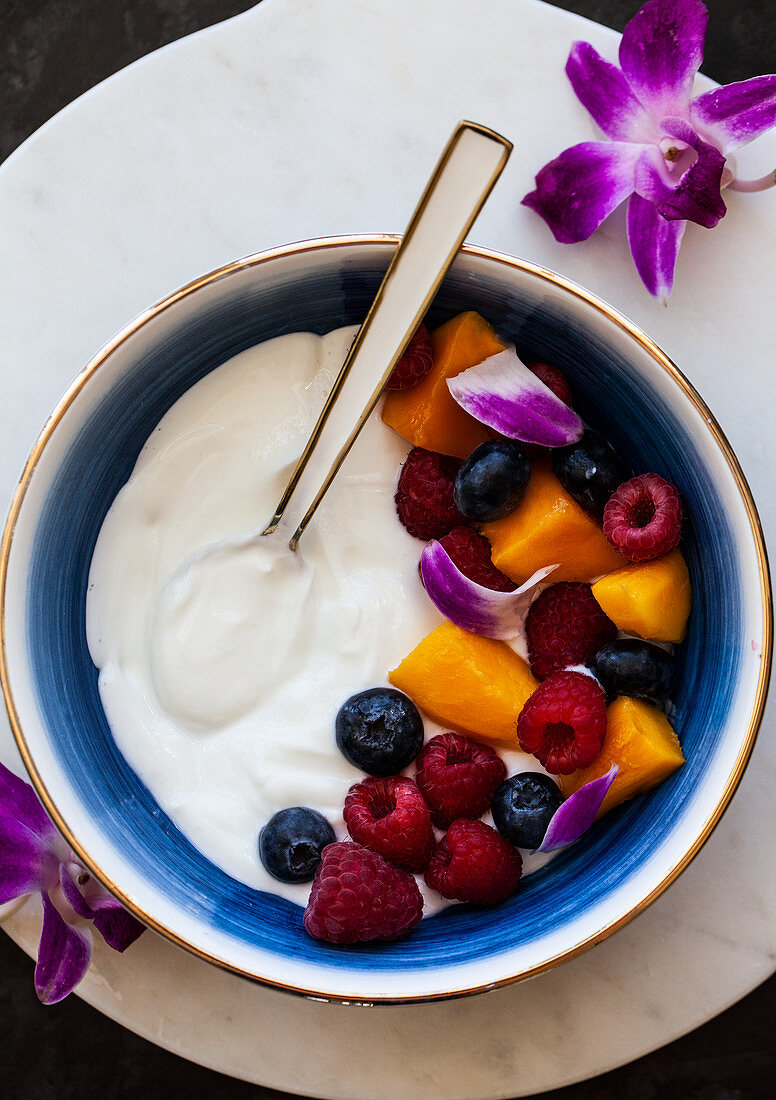 Vanillejoghurt mit Mango, Himbeeren, Blaubeeren und lila Orchidee