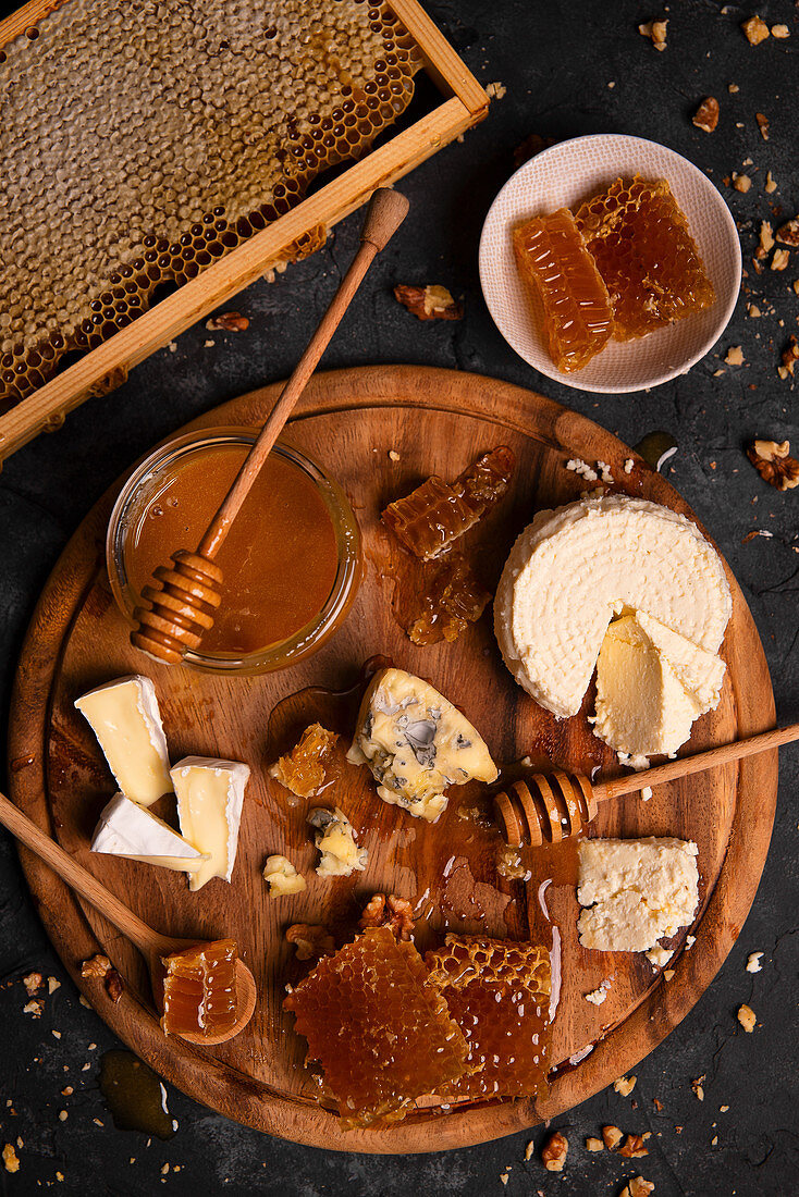 Käsebrett mit Ricotta, Camembert, Blauschimmelkäse, Honig und Nüssen