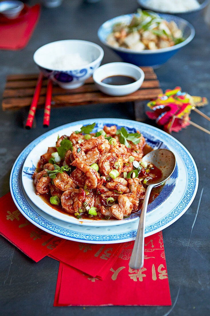 Spicy Sichuan prawns with spring onions (China)