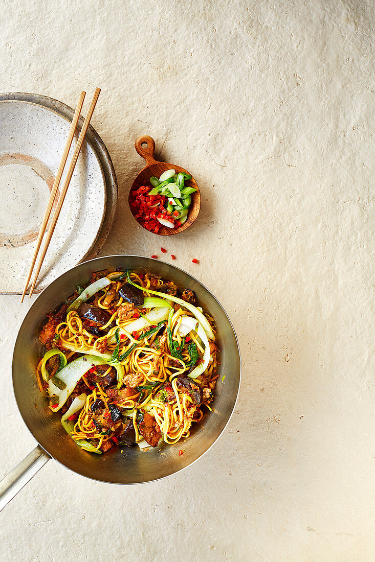 Pork and aubergine noodle stir-fry