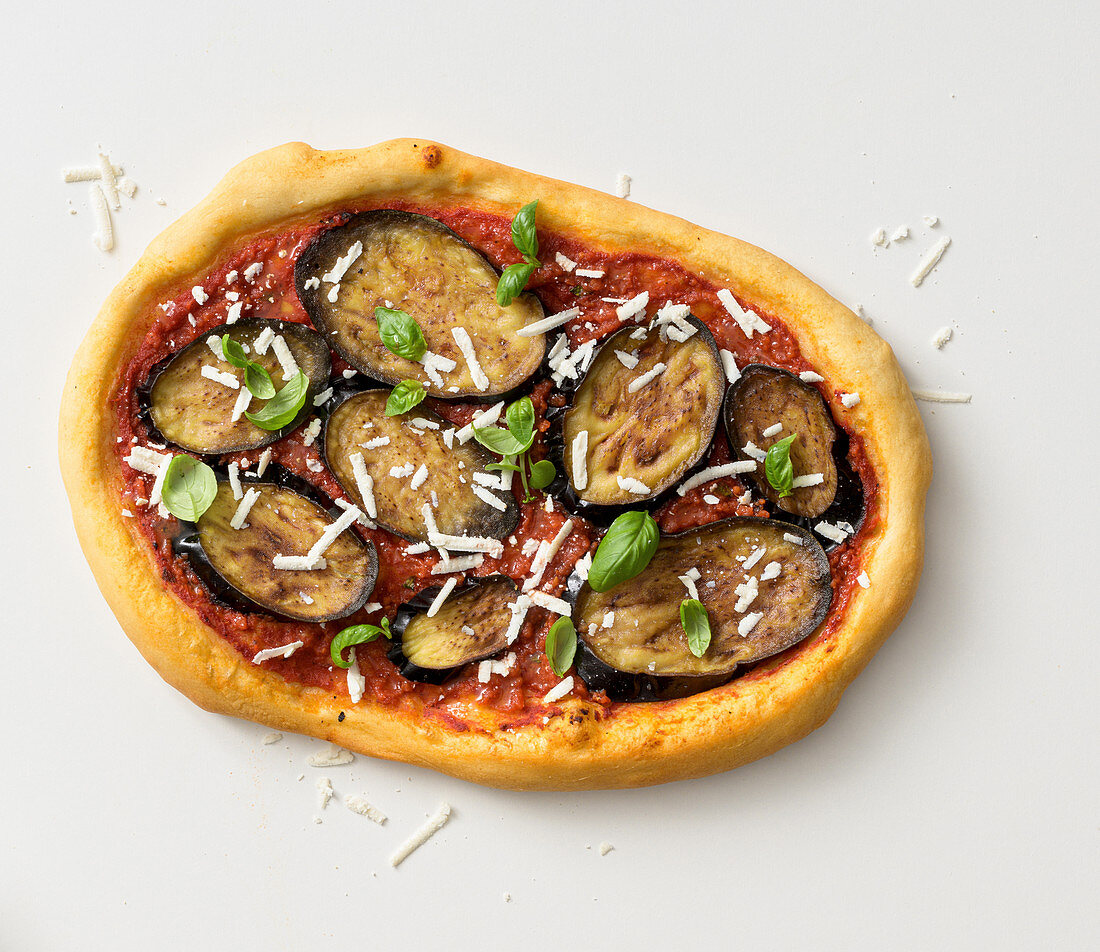 Pizza alla norma with ricotta salata and aubergine