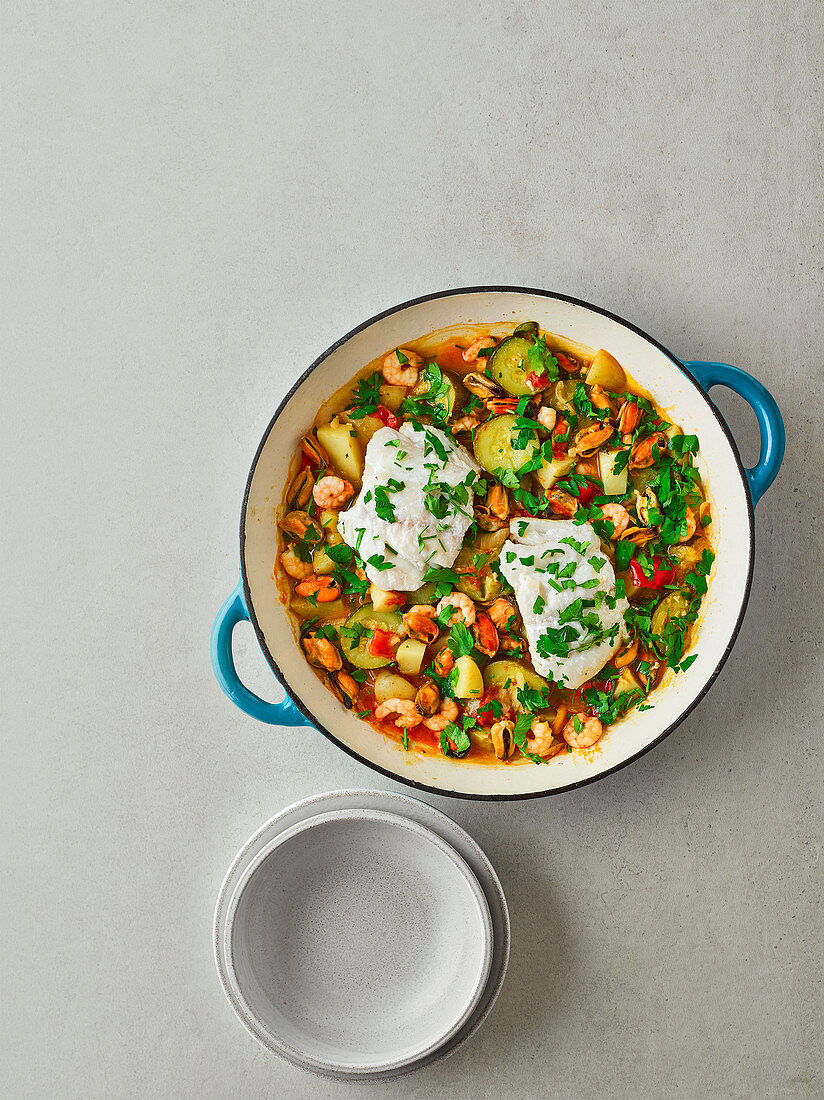 Healthy, hake and seafood cataplana